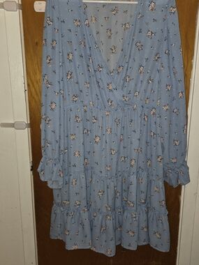Inspired Hearts Light Blue Floral Wrap Tiered Long Sleeve Dress